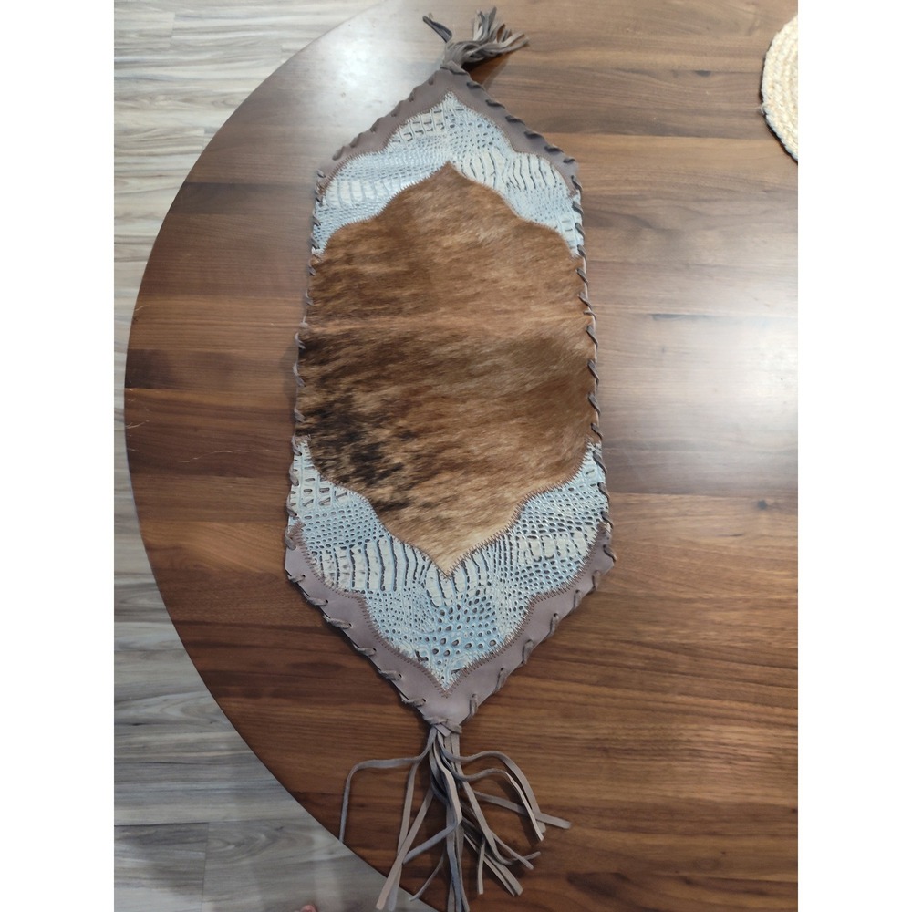 Western Cowhide Croc Embossed Leather Table Runner Whipstitch Tassels Brown Blue